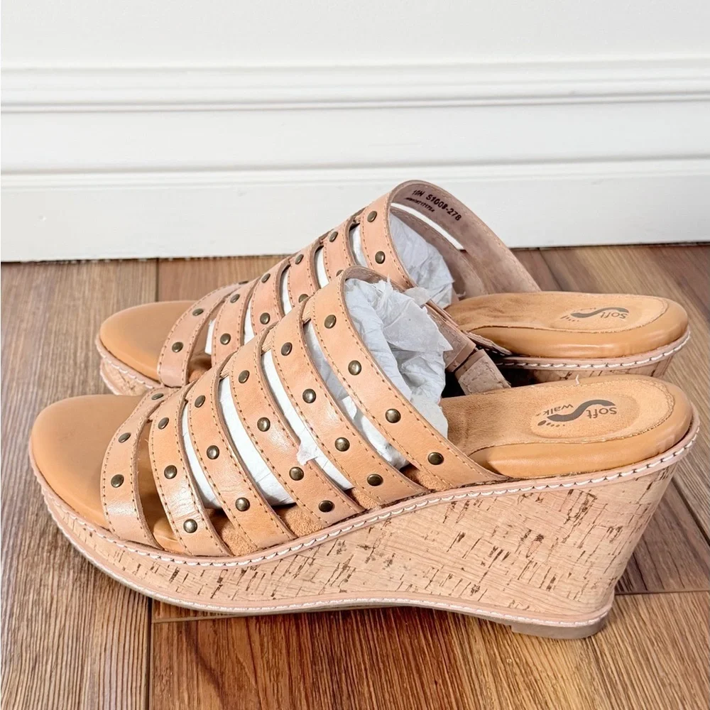 NEW Soft Walk Studded Brown Leather Wedge Open Toe Shoes Size 10Narrow